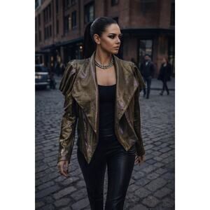 Bisou Bisou Gold Metallic Jacket L Draped Open Front Puff Sleeve Party Glam